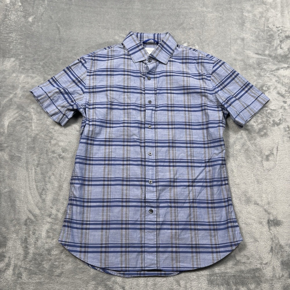 Teddy Stratford NYC Men's Medium 2 Blue Plaid Short Sleeve Zip Fit 100% Cotton